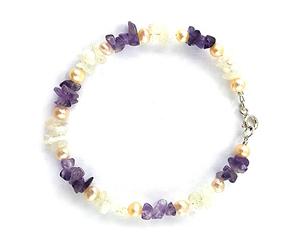 LE DEUCALION Bracelet en pierres véritables baroques polies d'améthyste et de pierre de lune alternées avec perles d'eau douce. Fermoir en argent 925 (17)