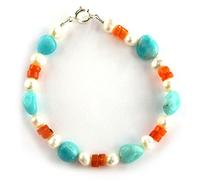 LE DEUCALION Bracelet monté sur câble avec pierres véritables d'amazonite, de cornaline et de perles d'eau douce. Fermoir anneau ressort en argent 925. (19)