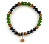 LE DEUCALION Bracelet monté sur élastique avec perles de 6mm en onyx noir, en jade néphrite et en graines de rudraksha. Cache noeud en alliage argenté avec pampille mobile (18 CM)