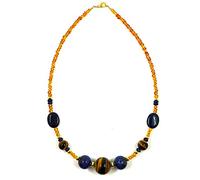 LE DEUCALION Collier en pierres véritables en lapis lazuli, oeil de tigre et ambre naturelle, 50 cm, avec apprêts plaqués or. Idée cadeau Noël, ST Valentin