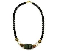LE DEUCALION Collier fantaisie en chute avec Pierres véritables de Lave naturelle, de jade, de Cristal de Roche et d'unakite. Fermoir Plaqué or.