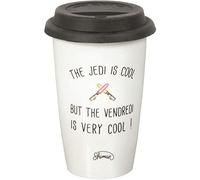 Le Fabuleux Shaman 39-2X-502 Mug Take away The Jedi is cool but the Vendredi is very cool Blanc couvercle noir Porcelaine et silicone D10 x H15 cm
