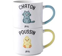 Le Fabuleux Shaman 40-2X-012 Mugs Duo Empilables Chaton Poussin Set de 2 Assortis Blanc Gris et Jaune Céramique D14 x H17,5 cm