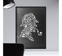 le film Sherlock Holmes en noir et blanc sur l'affiche de format A3 avec un style de tableau noir de fond noir. 250 gr de papier et des encres de haute qualité.