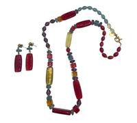 LE GEMME DI VENEZIA, Ensemble collier et boucles d'oreilles femme, perles en verre de murano, rouge et ambre avec détails turquoises et violets