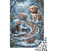Le Golden Retriever& Tabby Cat Puzzle Premium 1000 Pièces Neige de Noël pour Seniors Anti-Stress Loisirs Créatifs Cadeau d'anniversaire 52x38cm/1000pcs