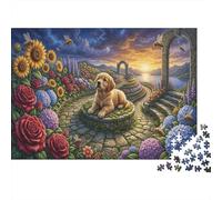 Le Golden RetrieverPuzzle 1000 Pièces en Carton Jardin de Fleurs Coucher du Soleil pour Grands-Parents Amélioration De La Mémoire Activité Intérieure Qualité Premium 38x26cm/1000pcs