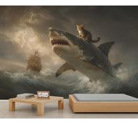 Le guerrier requin chevauchant un chat Décoration murale 3D autocollante, idéale pour chambre, salle de bain et salon. Papier peint décoratif. 150x105cm (non autocollant)