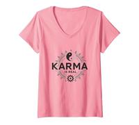 Le Karma est réel : la Sagesse de l'équilibre Spirituel du Yin Yang T-Shirt avec Col en V, Femme, Rose, XL