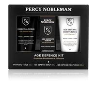 Le kit anti-âge Percy Nobleman, un coffret soin visage homme, contient un gommage au charbon de bois (AHA naturels), sérum anti-âge (l’acide hyaluronique) crème anti-âge (vitamine C)