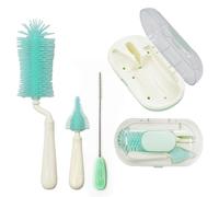 Le kit de brosse pour biberon 7 en 1 est un kit complet de nettoyage de biberon avec une brosse en silicone, une brosse à tétine, une brosse à paille, un distributeur de savon et un égouttoir.