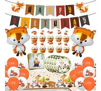 Le kit de décorations de fête d'anniversaire sur Le thème du Renard Comprend Une bannière de Joyeux Anniversaire, des Assiettes, des Ballons et Une Nappe.