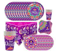 Le kit de décorations Happy Diwali comprend des assiettes, tasses, serviettes pour festival des lumières, décorations de fête hindoues (12 invités)