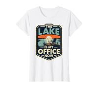 Le lac est Mon Bureau Coucher de Soleil Amusant sur la pêche à la Retraite T-Shirt Graphique avec Valeur, Femme, Blanc, XS