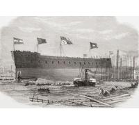 Le lancement de la frégate Victoria en fer construite pour la reine d'Espagne à Blackwall Yard River Thames Londres Angleterre 1865. From The Illustrated London News publié 1865. Poster imprimé par
