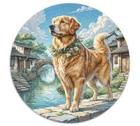 Le Le Golden Retriever 1000 Pièces Puzzle Rond Jeu Chien Puzzles Jeu D'Intelligence Cadeau Unique pour Adultes Et Enfants 1000pcs (67.5x67.5cm)