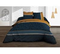 Le Linge de Jules Parure Drap Plat + Drap-Housse 140x190 + 2 T - Pur Coton 57 Fils - Alix, Bleu, Moutarde