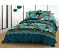 Le Linge de Jules Parure Drap Plat + Drap-Housse 160x200 + 2 T - Pur Coton 57 Fils - Paraiso, Bleu, Vert, Safran