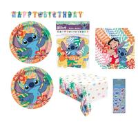 Le lot de fournitures d'anniversaire Lilo and Stitch comprend 16 assiettes en carton de 22,9 cm, 16 serviettes, 1 nappe en plastique, 1 bannière en papier joyeux anniversaire, 1 feuille d'autocollants