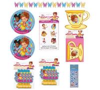 Le lot de fournitures de fête d'anniversaire Disney Fancy Nancy comprend 16 assiettes à dessert, 16 serviettes, 1 bannière, 16 invitations de fête avec enveloppes, 16 soufflages, 24 tatouages, 1