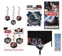 Le lot de fournitures de fête d'anniversaire Star Wars comprend 3 décorations tourbillons à suspendre avec découpes, 1 bannière « Happy Birthday », 1 nappe en plastique, 1 feuille d'autocollants