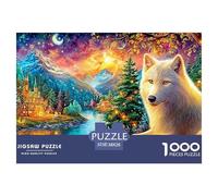 Le Loup Blanc se Trouve près de Glowing Mountain Village Puzzle De 1000 Pièces Loup Cool Cadeau Parfait pour Garçons, Filles, Hommes Et Femmes 38x26cm/1000pcs