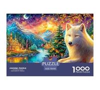 Le Loup Blanc se Trouve près de Glowing Mountain Village Puzzle De 1000 Pièces Loup Cool Carton Recyclé, Puzzle De Défi pour Adultes 70x50cm/1000pcs