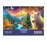 Le Loup Blanc se Trouve près de Glowing Mountain Village Puzzle De 1000 Pièces Loup Cool Idéal pour Le Plaisir Familial, Adultes Et Enfants 52x38cm/1000pcs