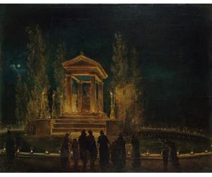Le Mausolée provisoire de Jean-Jacques Rousseau sur le bassin des Tuileries avant la translation de ses cendres au Panthéon. Nuit du 10 au 11 octobre 1794 (1794) Poster imprimé par Hubert Robert (24 x