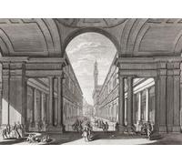 Le palais des Offices vu depuis les rives du fleuve Arno Florence Toscane Italie. Le Palazzo Vecchio et le dôme de Santa Maria del Fiore peuvent être vus en arrière-plan. Après une œuvre du XVIIIe