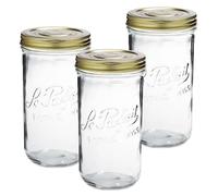 Le Parfait Familia Wiss Terrine | Lot de 3 bocaux en verre français à large goulot de 1,5 l avec système hermétique en 2 pièces avec couvercles dorés | Idéal pour la conserve, le stockage des aliments, la préparation des repas, les bocaux à gâteaux et les loisirs créatifs