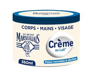 Le Petit Marseillais Crème Hydratante Multi-Usage Lait, pot de 360 ml | Crème corps, mains et visage pour les peaux normales à sèches, Soin hydratant 48h avec 95% d'ingrédients d'origine naturelle