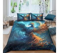 Le Phoenix Ensemble De Housse De Couette 3D Ensemble De Literie Housse De Drap Et Taie D'oreiller Couvre-lit En Microfibre Couvre-lit À Fermeture Éclair Ensemble De Couette 3 Pièces Double(200x200cm)