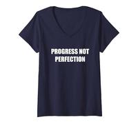Le progrès, Pas la Perfection T-Shirt avec Col en V, Femme, Bleu Marine, S