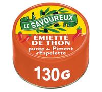LE SAVOUREUX Emietté de Thon à la Purée de Piment d'Espelette, Boîte de 130 g, Recette Gourmande pour Toasts ou Plats - Lot de 4