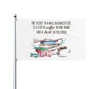 Le secret d'une vie bien équilibrée est une tasse de café et un livre Drapeau décoratif extérieur de qualité supérieure de 3 x 5 pieds - Couleurs vives, coupe-vent et résistant à l'eau - Idéal pour l