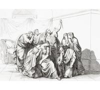 Le suicide de Lucrèce après son viol par Sextus Tarquinius. Lucius Junius Brutus tenant en haut le poignard avec lequel Lucrèce s'est tué jure de vengeance. L'incident a conduit au renversement de la