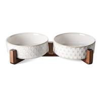 LE TAUCI Ensemble de gamelles pour chien avec support en bois d'acacia - Gamelles en céramique de 1,8 tasse pour petits chiens, deux gamelles de nourriture et d'eau avec base lestée antidérapante