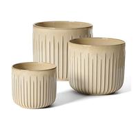 LE TAUCI Lot de 3 Pots de Fleurs en Céramique, 21cm +17cm + 14 cm Pot de Fleur Interieur avec Trou de Drainage, Cylindre Moyen pour Plantes d’intérieur, Beige Emaillé