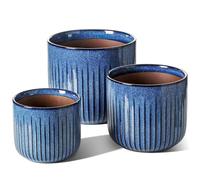 LE TAUCI Lot de 3 Pots de Fleurs en Céramique, 21cm +17cm + 14 cm Pot de Fleur Interieur avec Trou de Drainage, Cylindre Moyen pour Plantes d’intérieur, Bleu océan Emaillé
