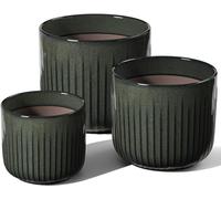 LE TAUCI Lot de 3 Pots de Fleurs en Céramique, 21cm +17cm + 14 cm Pot de Fleur Interieur avec Trou de Drainage, Cylindre Moyen pour Plantes d’intérieur, Brun Olive