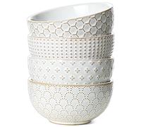 LE TAUCI Lot de 4 bols à céréales de 770 ml en céramique pour cuisine, bol à soupe en relief pour pho, chips, fruits, salade, nouilles, ramen, convient pour pendaison de crémaillère - 15,2 cm, blanc