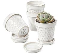 LE TAUCI Lot de 4 petits pots de fleurs en céramique avec plateau - Décoration en relief pour bureau ou balcon - Cadeau pour enfant - Plantes non incluses - 10,2 cm - Blanc arctique