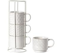 LE TAUCI Lot de 4 tasses à café empilables avec support - Tasses à expresso en céramique pour Au lait, cappuccino, latte, café, moka, thé - Pour pendaison de crémaillère et mariage - Blanc arctique