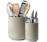 LE TAUCI Porte-ustensiles, 18,5+14cm Céramique Pot à Ustensiles de Cuisine, Grand Organisateur de Plan de Travail pour Spatules, Lot de 2, Gris Avoine