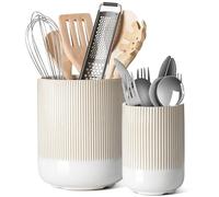 LE TAUCI Porte-ustensiles, 18,5+14cm Céramique Pot à Ustensiles de Cuisine, Grand Organisateur de Plan de Travail pour Spatules, Lot de 2, Blanc Arctique Réactif