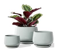 LE TAUCI Pot de Fleurs en Céramique, 11+13+17 cm, Lot de 3, Pot avec Trou de Drainage et Soucoupe, Pot d’Intérieur avec Tapis en Maille, Cadeau pour la Fête des Mères, Bleu Gris