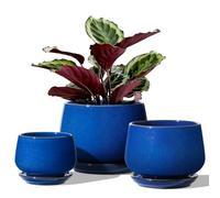 LE TAUCI Pot de Fleurs en Céramique, 11+13+17 cm, Lot de 3, Pot avec Trou de Drainage et Soucoupe, Pot d’Intérieur avec Tapis en Maille, Cadeau pour la Fête des Mères, Bleu Saphir