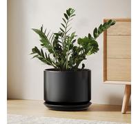 LE TAUCI Pot de Fleurs en Céramique 25 cm, Pot de Fleurs avec Soucoupe Intégrée et Trou de Drainage, Jardinière Moderne au Style Minimaliste, Finition Mate pour Plantes d'Intérieur, Noir