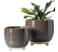 LE TAUCI Pot de Fleurs en Céramique, Pots sur Pieds 13+16 cm pour Plantes, Moderne pour la Maison et le Bureau, Pot d’Intérieur avec Trou de Drainage, Noir à Émail Réactif